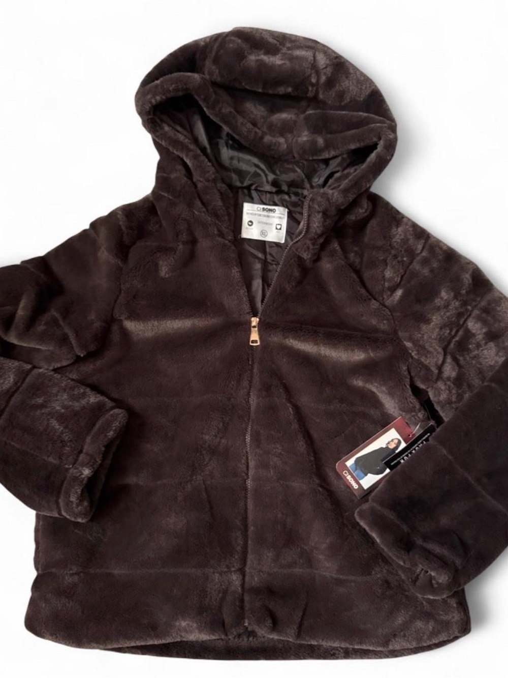 Ci Sono Plush Hooded Jacket in Dark Brown